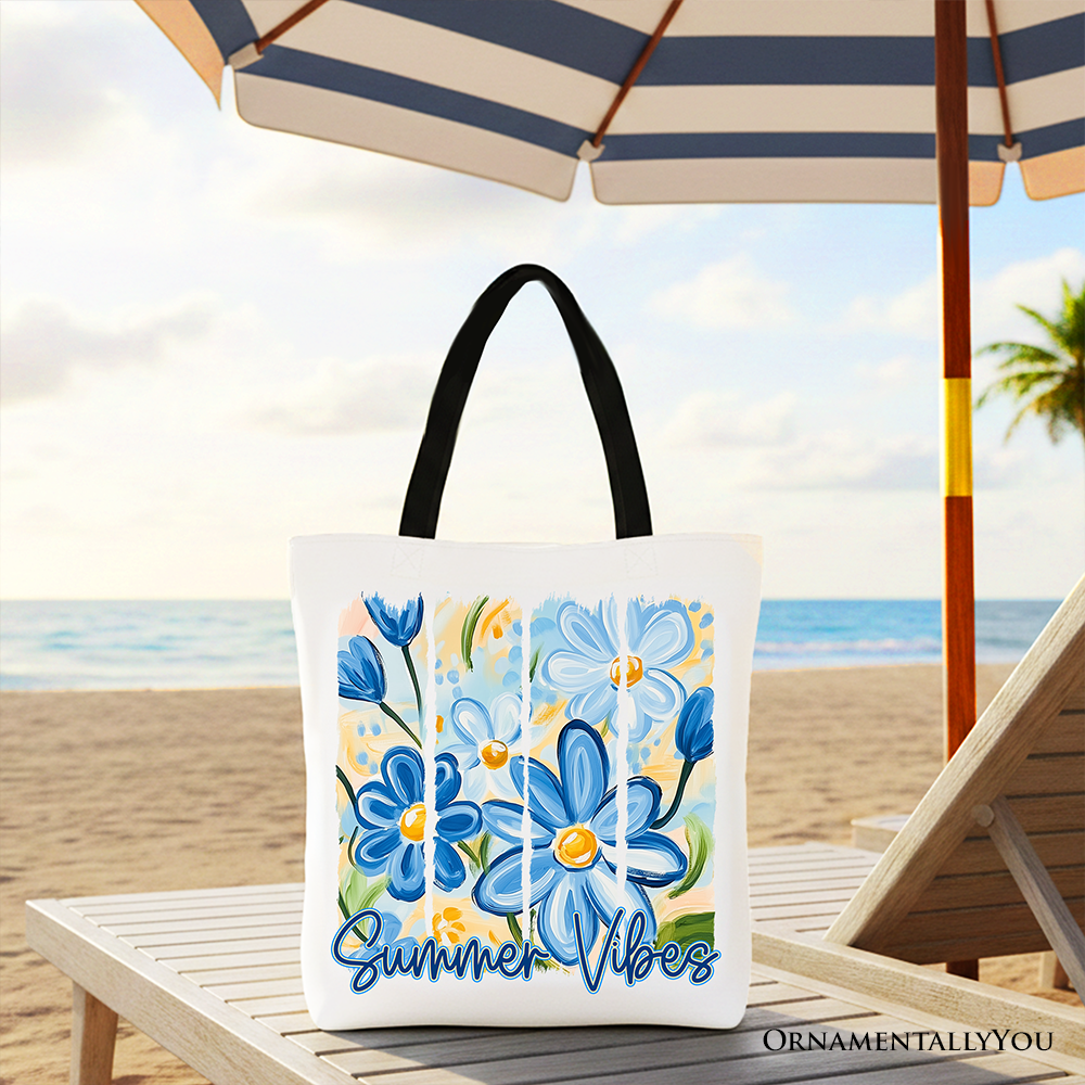 White tote bag with colorful brushstroke flowers, Summer Vibes design by OrnamentallyYou, perfect for casual shopping or summer outings.
