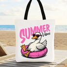 White tote bag with summer vibes and a goose design, perfect for beach vacations and casual shopping from OrnamentallyYou.
