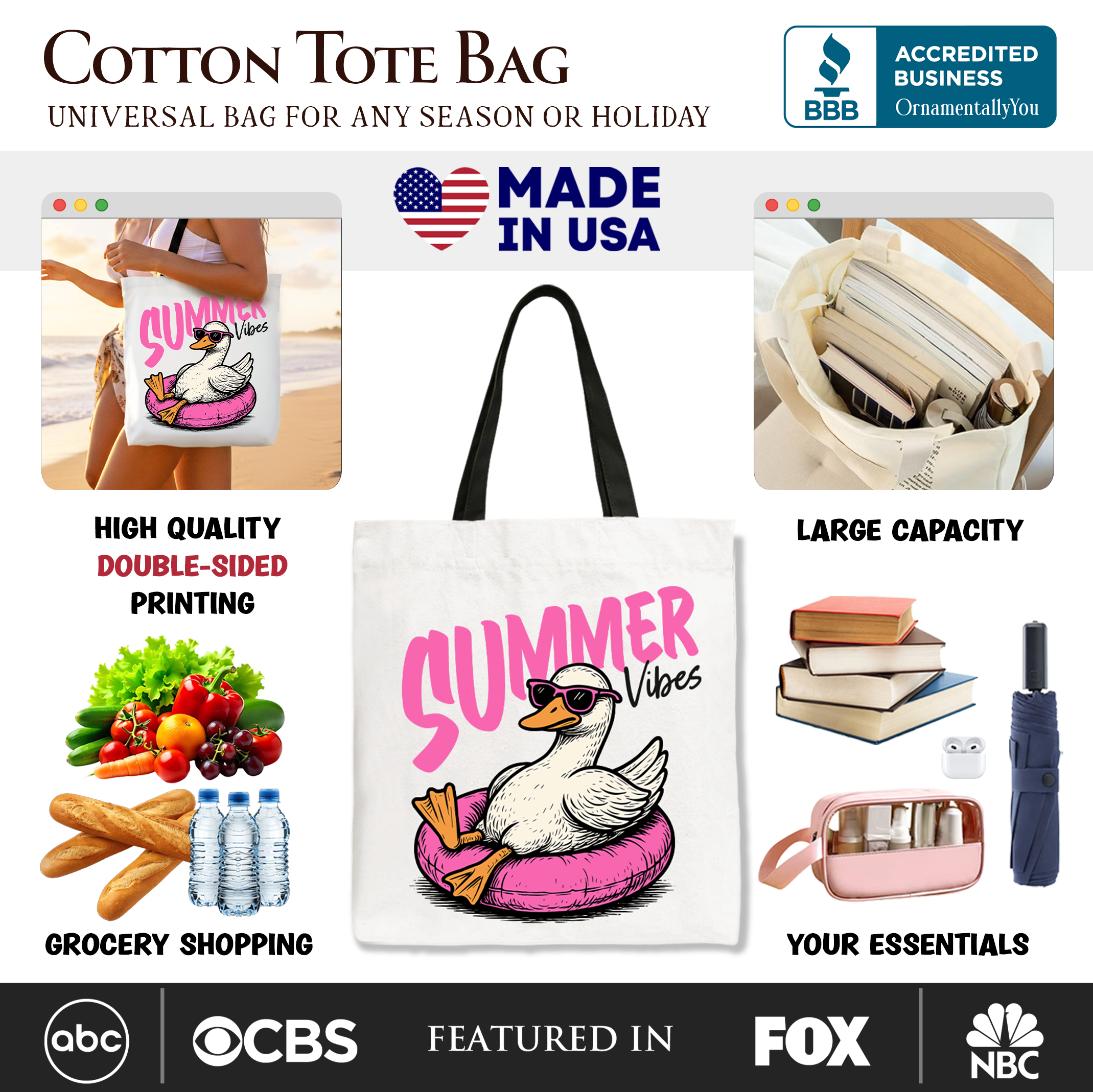 White tote bag with summer vibes and a funny goose design, ideal for beach and vacation shopping from OrnamentallyYou.