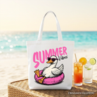 White tote bag featuring a fun summer vibes goose design, perfect for beach or vacation shopping from OrnamentallyYou.