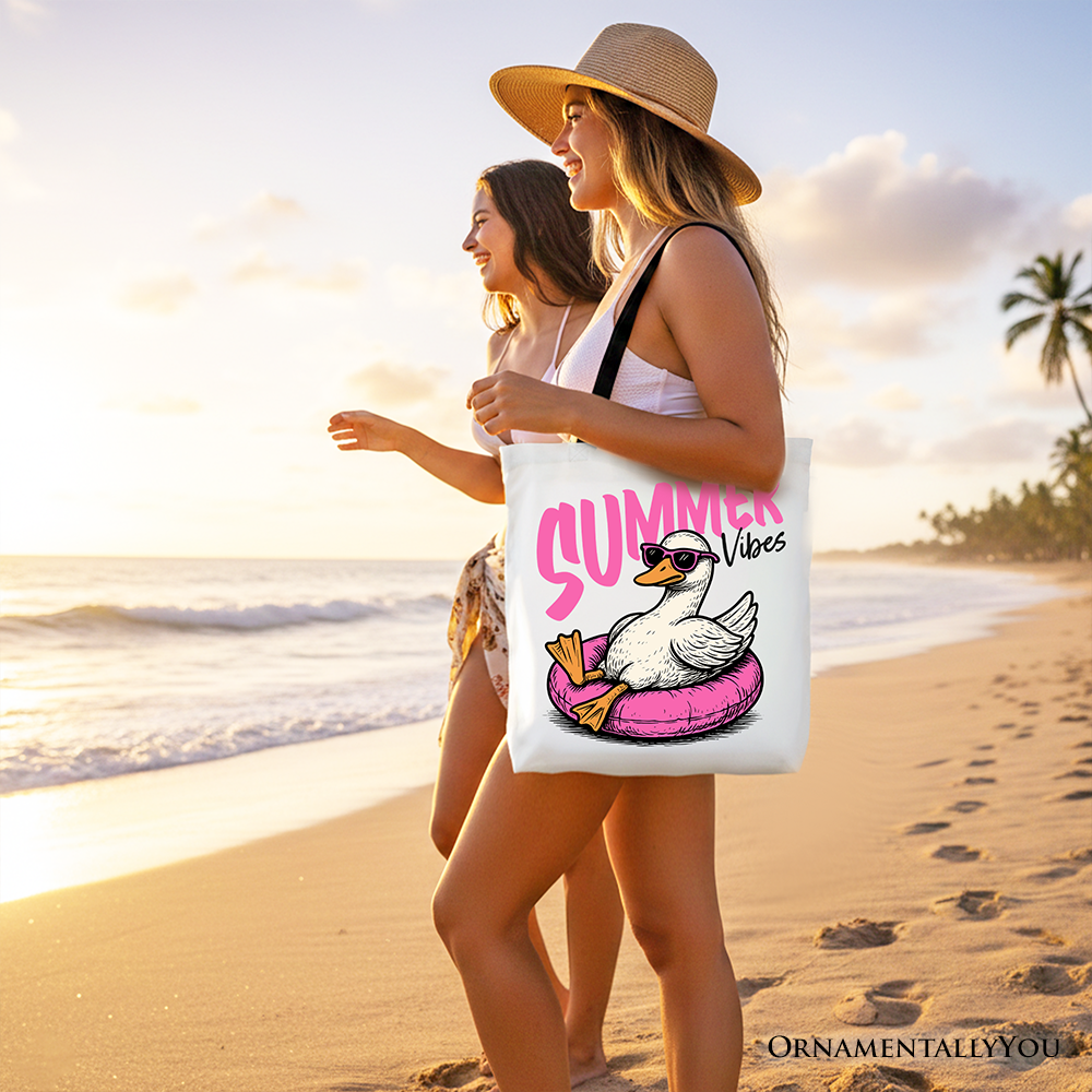 White tote bag with summer vibes goose design, perfect for beach trips and vacations, by OrnamentallyYou.