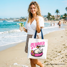 White tote bag featuring a fun summer vibes goose design, perfect for beach trips and vacation shopping.