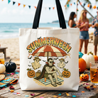 White Summerween Vampire Dracula tote bag featuring spooky horror-themed design, perfect for Halloween or summer beach outings.