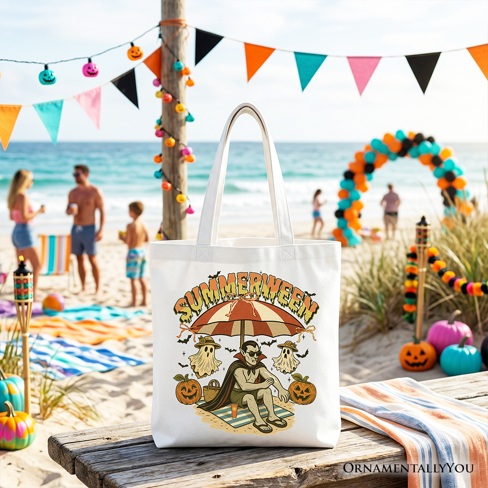 White Summerween Vampire Dracula tote bag with spooky Halloween design, perfect for beach or summer horror-themed outings.