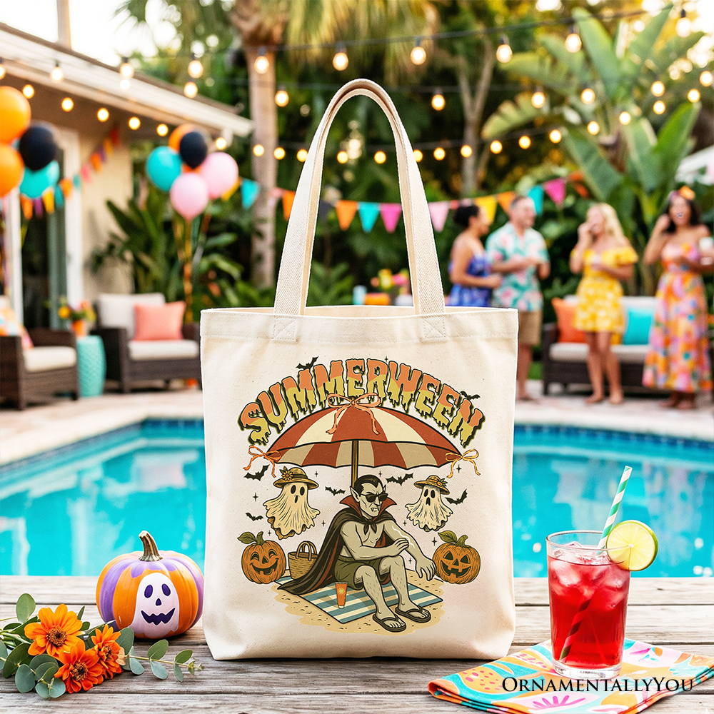 White Summerween Vampire Dracula tote bag featuring spooky Halloween design, perfect for summer beach or horror-themed outings.