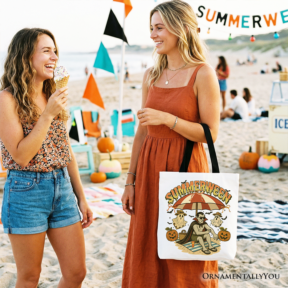 White Summerween Vampire Dracula tote bag featuring spooky Halloween and horror-themed design, ideal for summer beach or shopping.