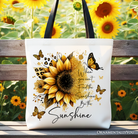 White canvas tote bag with sunflower design and inspirational quote "When you can’t find the sunshine, be the sunshine" by OrnamentallyYou.