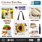 White canvas tote bag with sunflower design and inspirational quote "When you can’t find the sunshine, be the sunshine."