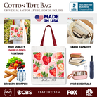 Christian faith tote bag featuring a strawberry design with the phrase "Taste and See That The Lord is Good" on white canvas.