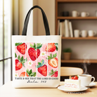 White Christian faith tote bag featuring the "Taste and See That The Lord is Good" strawberry design by OrnamentallyYou.