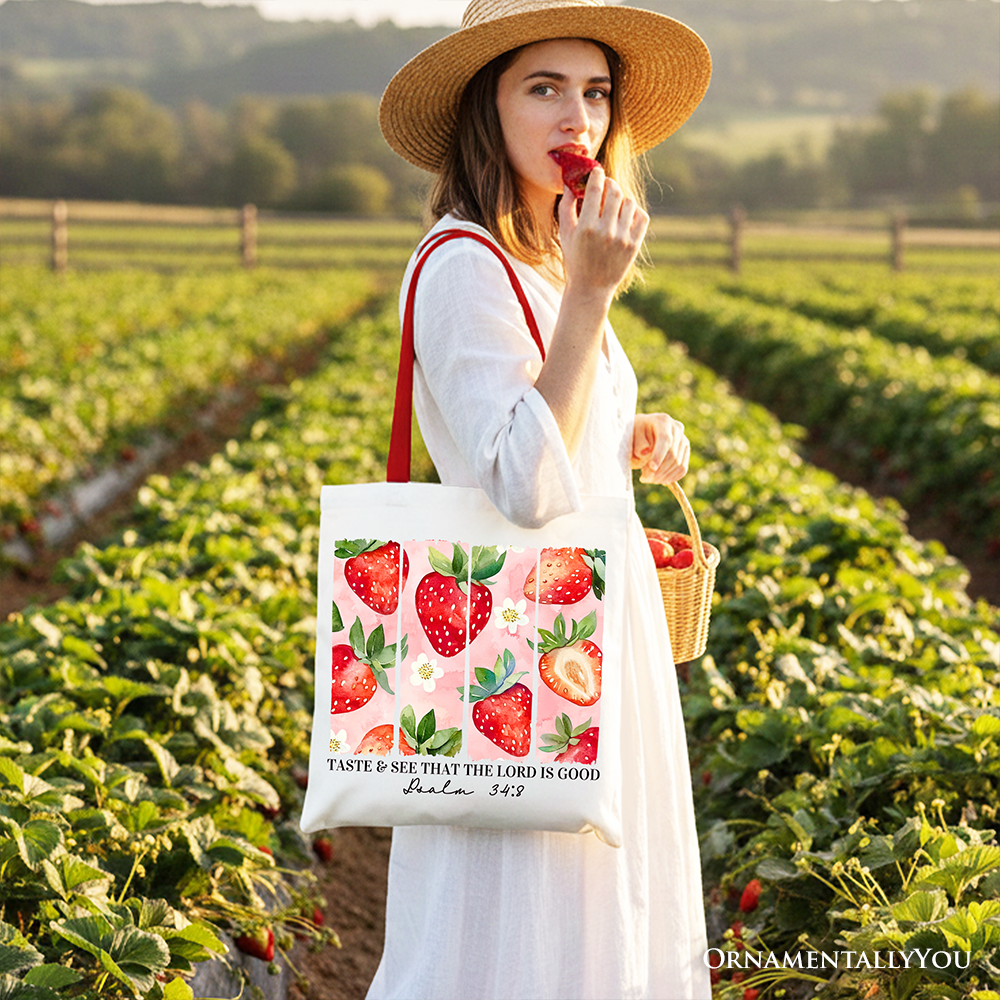 White Christian tote bag with "Taste and See That The Lord is Good" strawberry design, durable canvas shopper by OrnamentallyYou.