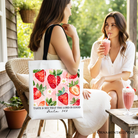 White Christian faith tote bag with strawberry design and "Taste and See That The Lord is Good" slogan, by OrnamentallyYou.