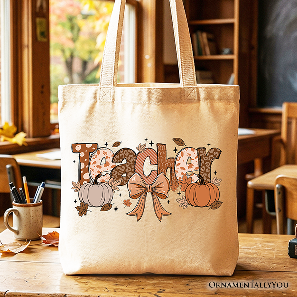 White Teacher Coquette Autumn Tote Bag by OrnamentallyYou featuring cozy fall pumpkin design, perfect for educators and shoppers.
