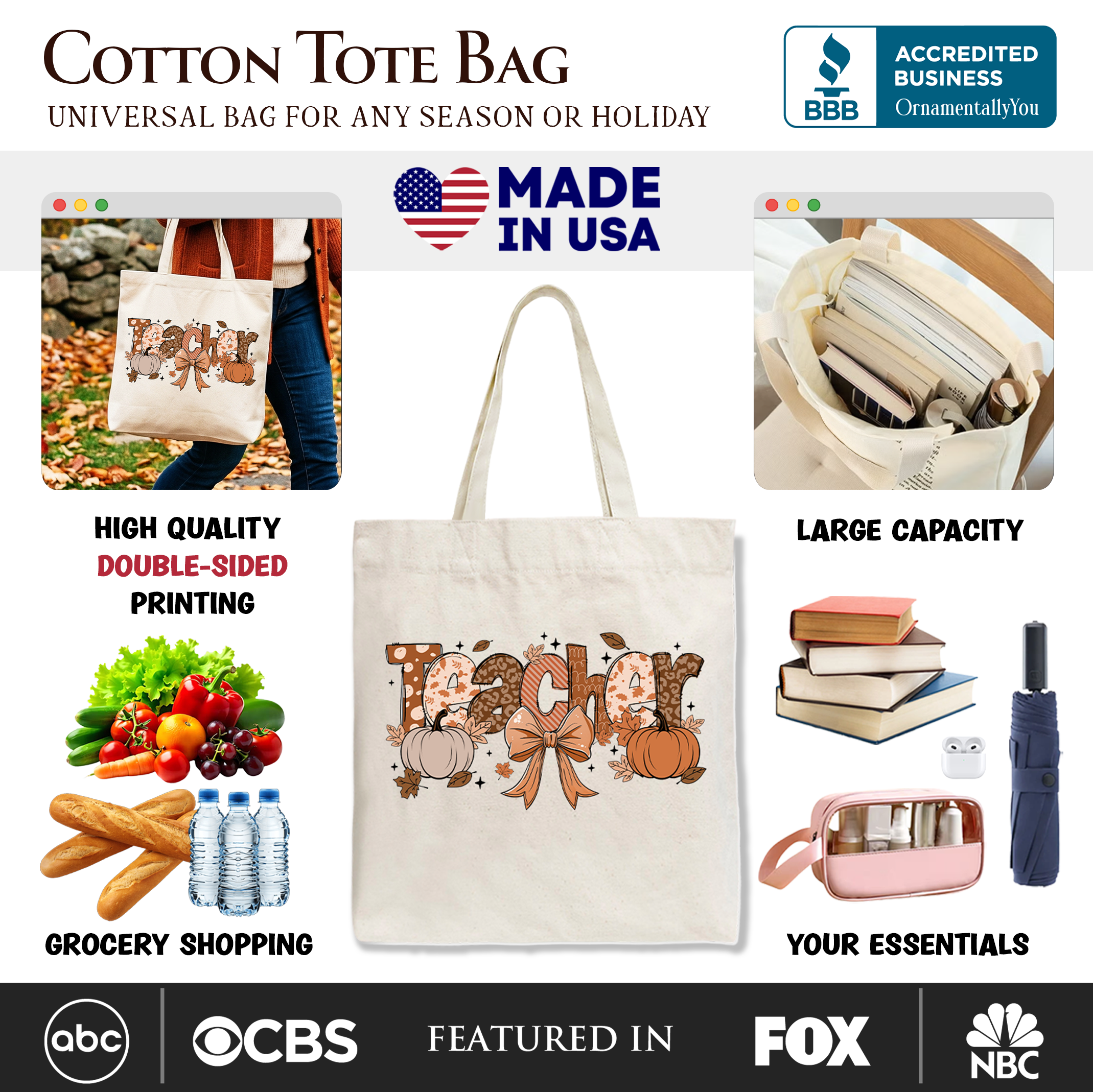 White Teacher Coquette Autumn Tote Bag by OrnamentallyYou featuring cozy fall pumpkin design, perfect for educators or gift shopping.