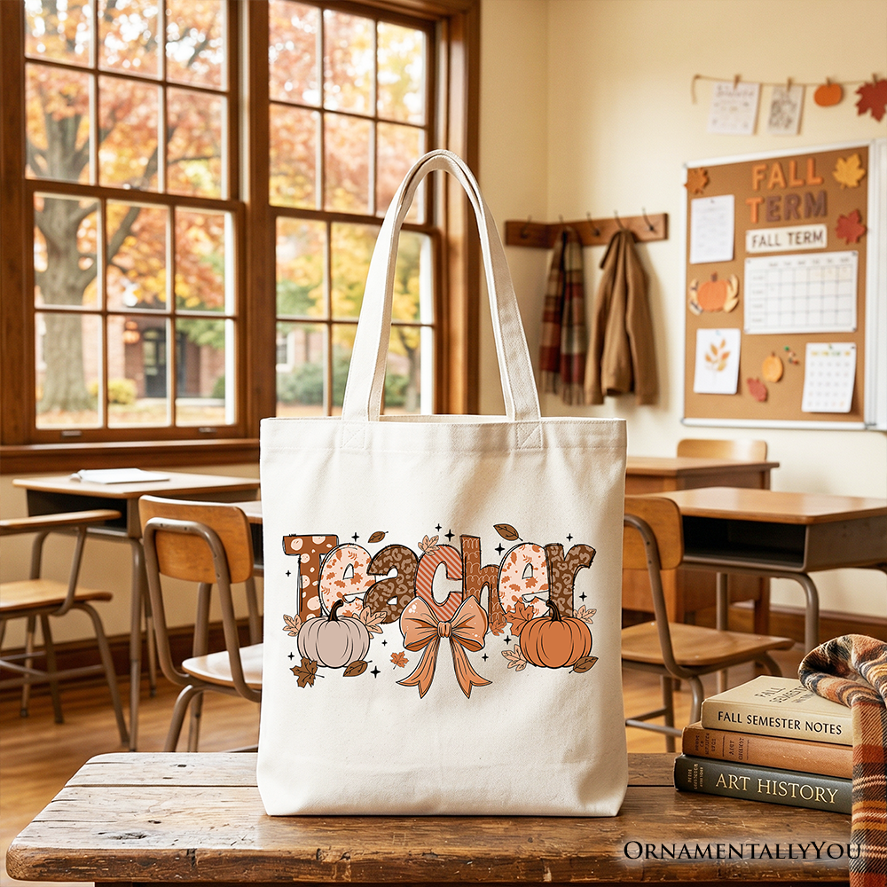 White Teacher Coquette Autumn Tote Bag by OrnamentallyYou featuring cozy fall pumpkin design, perfect for educators and fall shoppers.