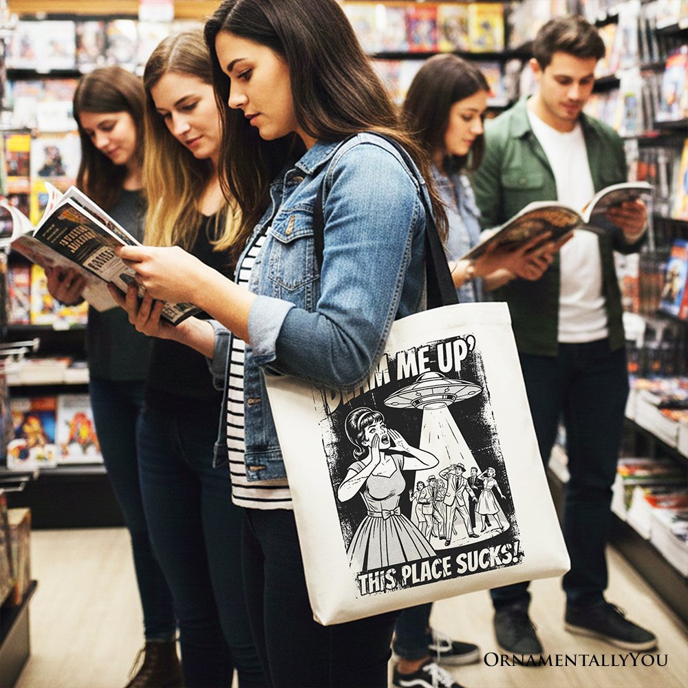 White canvas tote bag featuring UFO meme and cynical woman alien abduction design, perfect for casual shopping and retro comic fans.