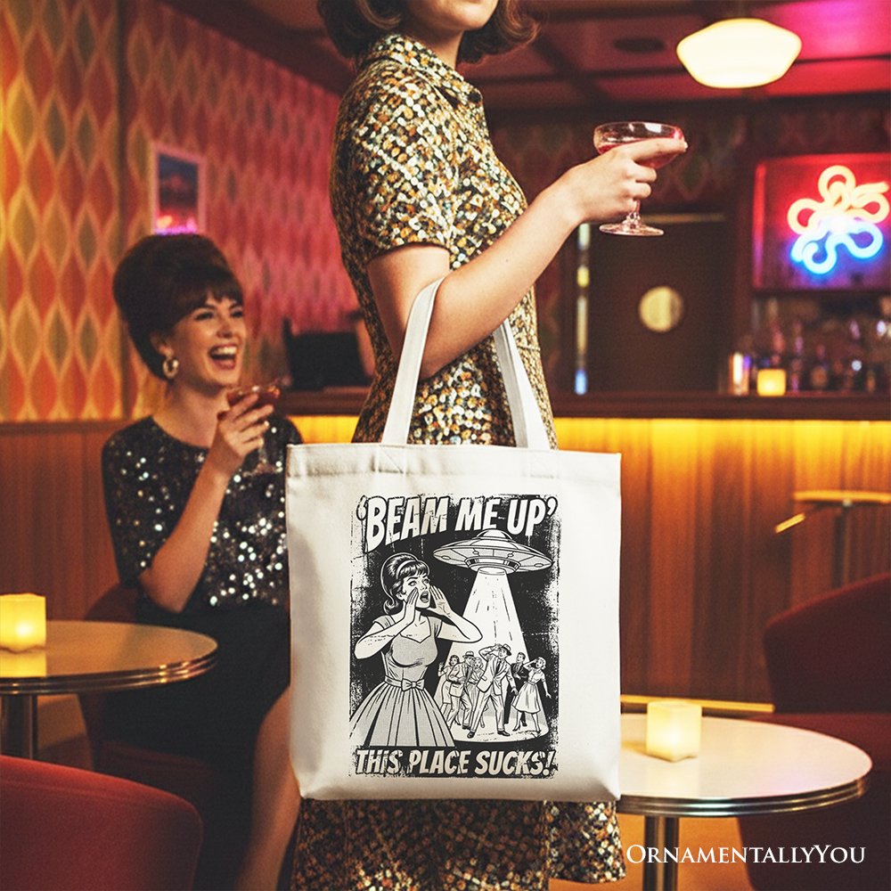White canvas tote bag with UFO meme design, featuring a cynical woman and alien abduction comic artwork, perfect for casual shoppers.