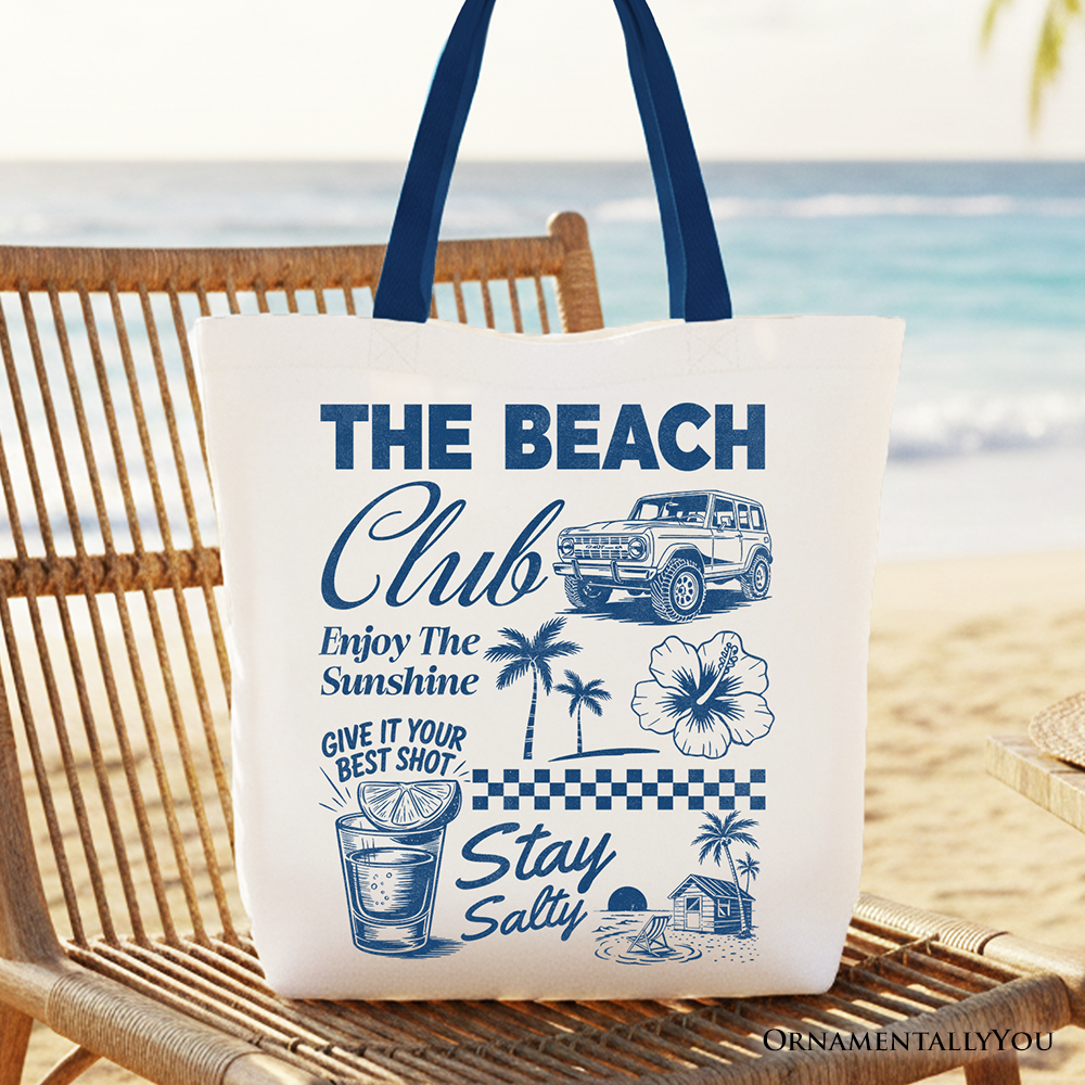White vintage coastal summer vacation tote bag by OrnamentallyYou with beach club and salty stay design, perfect for summer shopping.