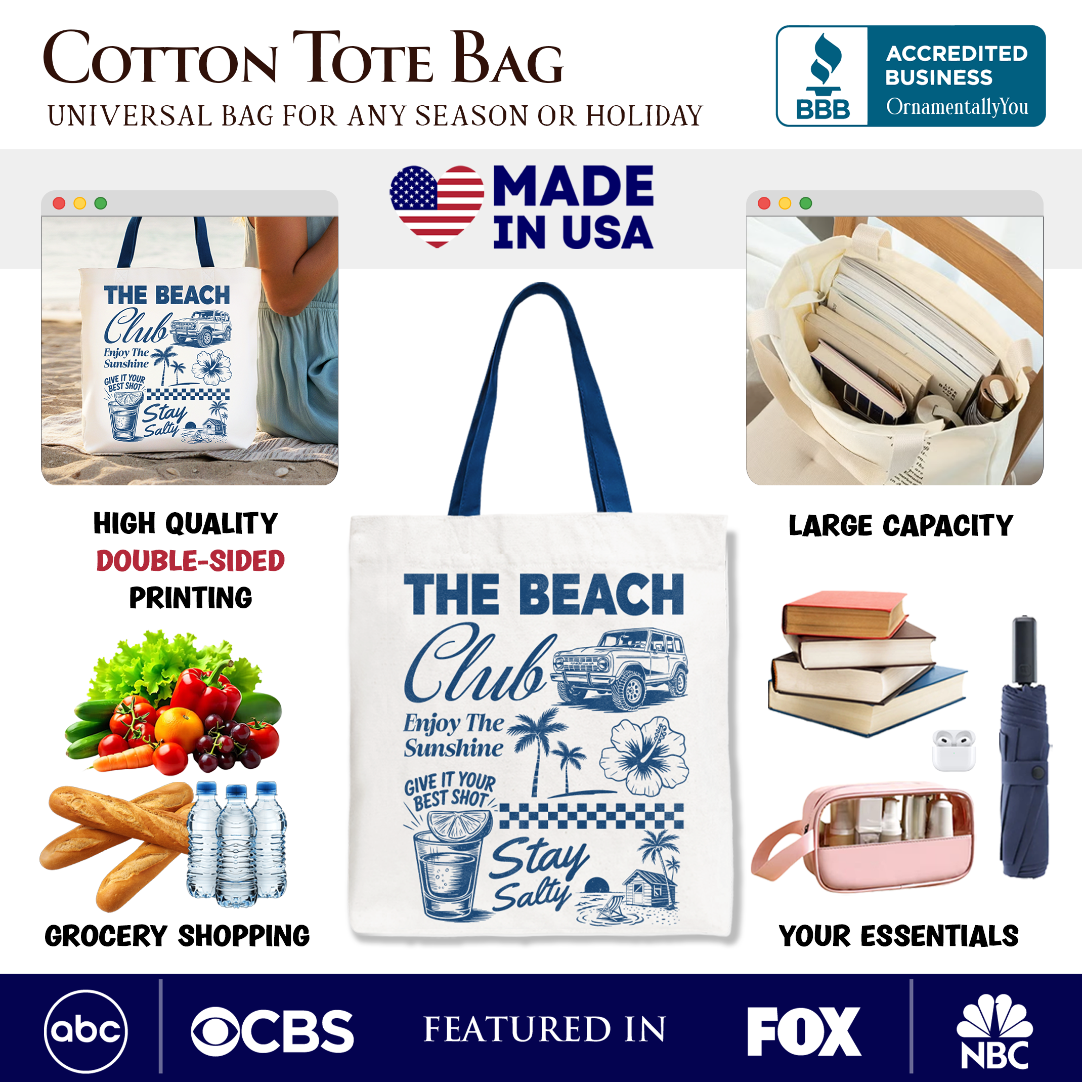 White vintage coastal tote bag by OrnamentallyYou featuring summer vacation and beach club design, perfect for beach trips and shopping.