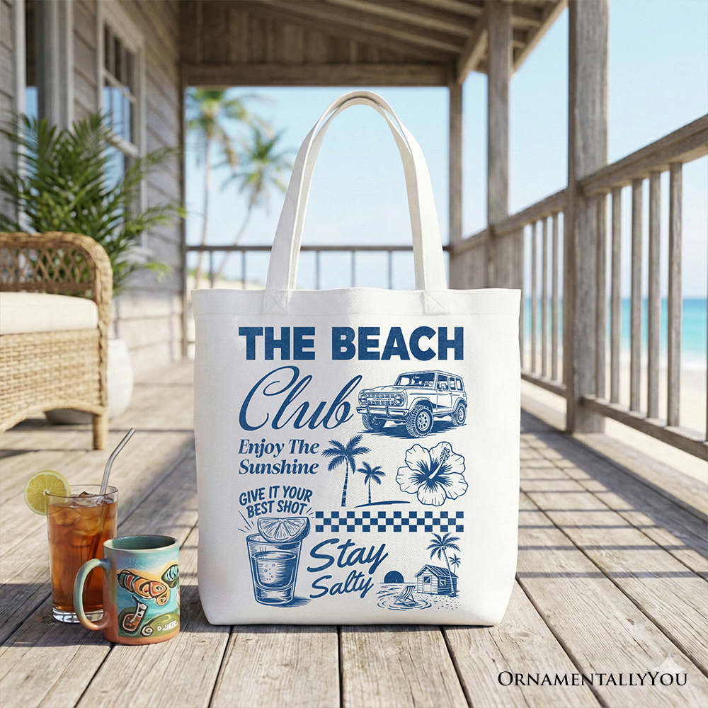 White vintage coastal tote bag by OrnamentallyYou featuring summer vacation and beach club designs for beach trips or shopping.
