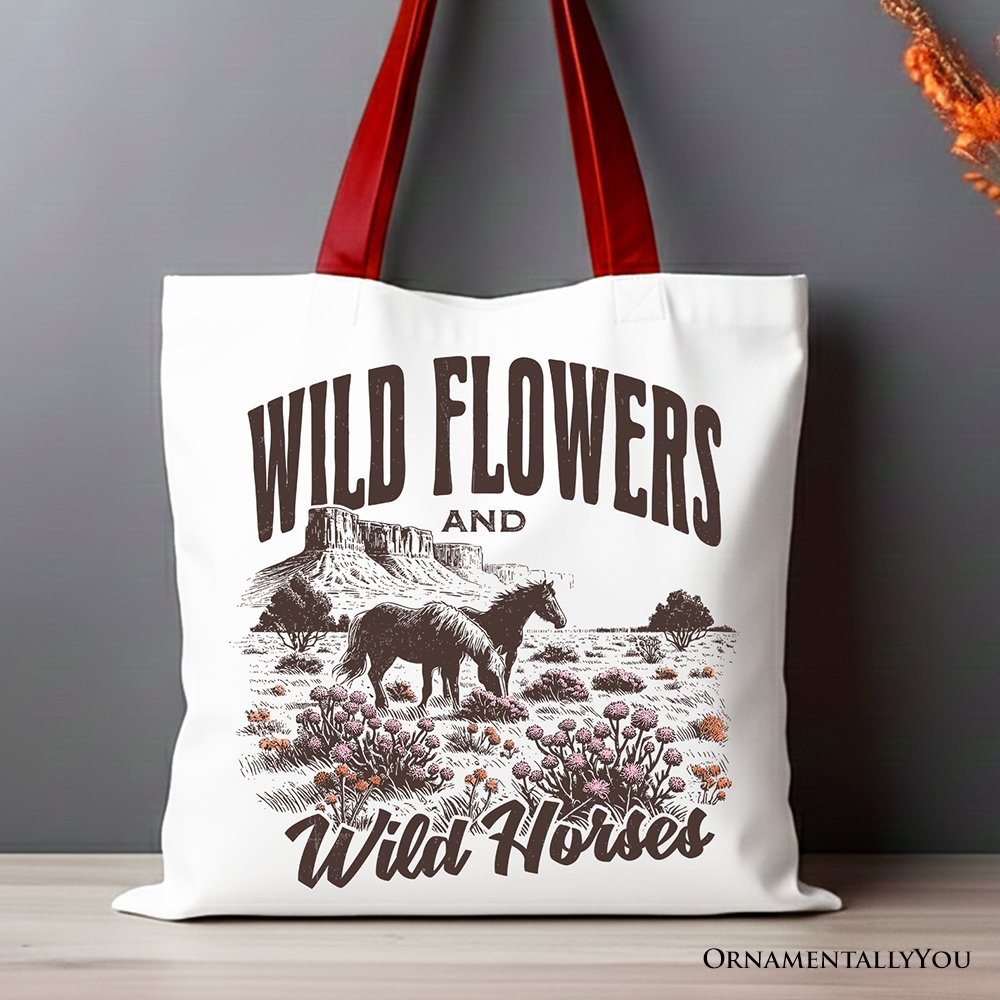 White canvas tote bag with wildflowers and wild horses print, featuring a retro western design, by OrnamentallyYou.