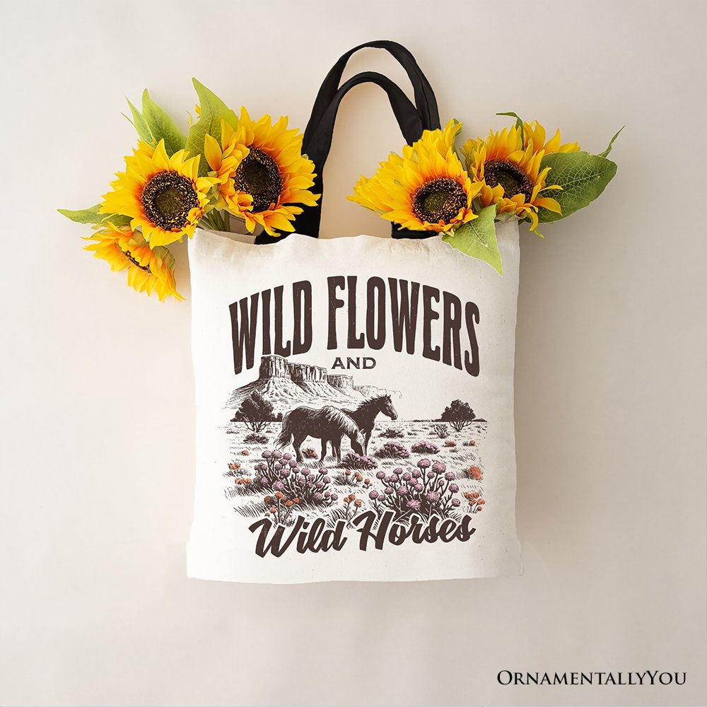 White canvas tote bag featuring wildflowers and wild horses design, perfect for free-spirited women, by OrnamentallyYou.