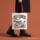 White canvas tote bag featuring wildflowers and wild horses print, perfect for free-spirited women, by OrnamentallyYou.
