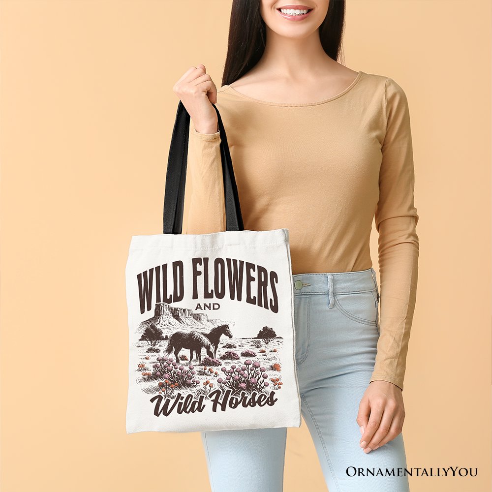 White canvas tote bag featuring wildflowers and wild horses print, retro western style for free-spirited women.