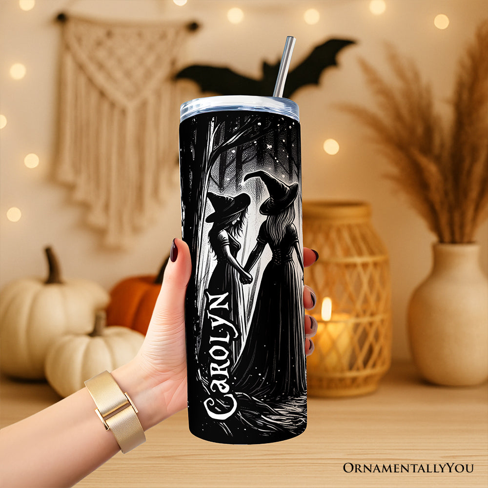 Girls Will Be Girls 20oz personalized stainless steel tumbler with lid and straw featuring empowered women and spooky witch coven design.