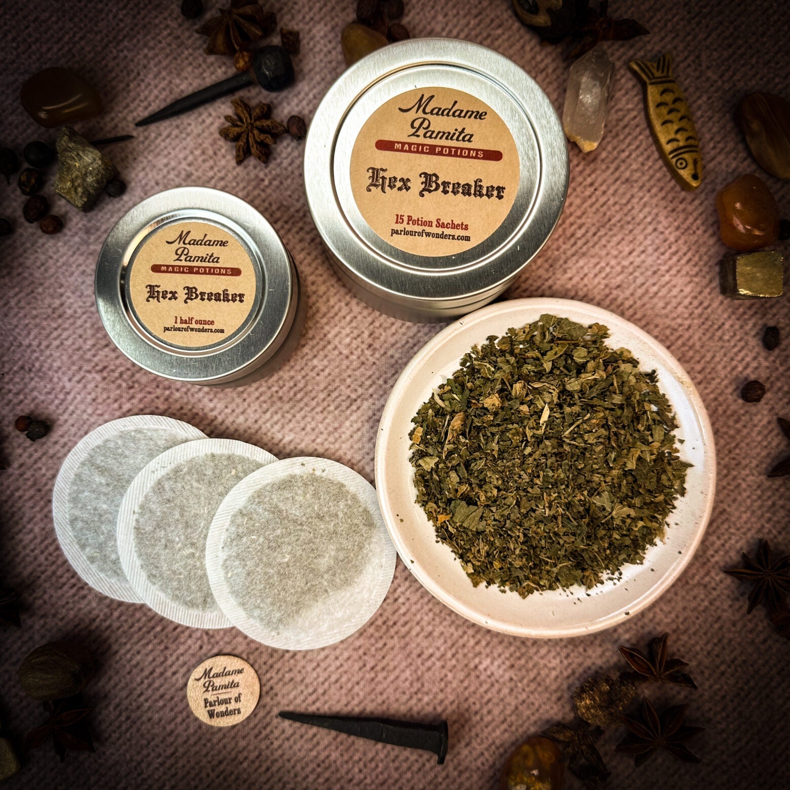 Parlour of Wonders Hex Breaker Potion Spell Kit with 15 potion sachets and magical ingredients for protection and cleansing.