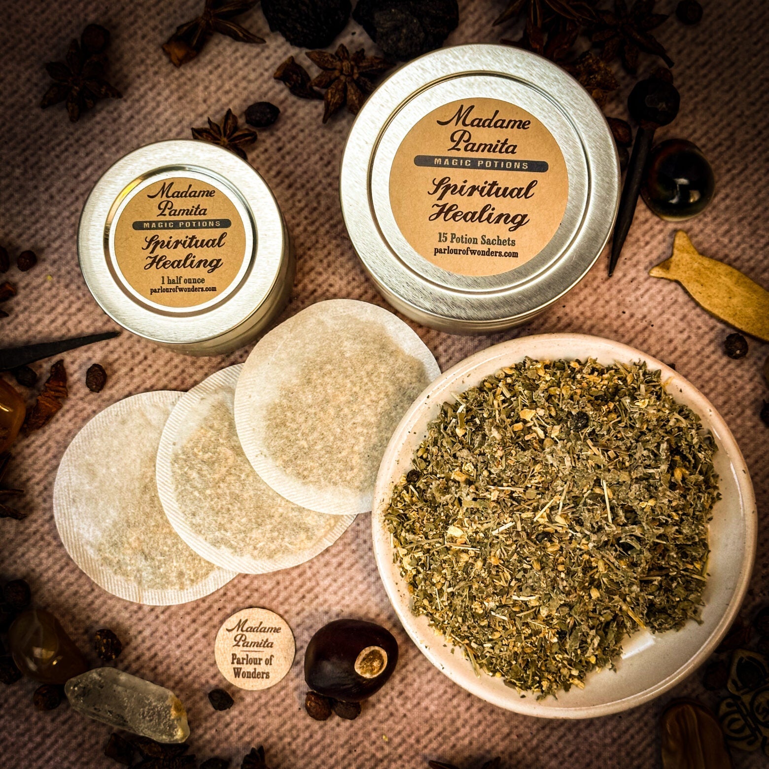 Spiritual Healing Potion Spell Kit with 15 sachets from Parlour of Wonders, featuring herbs and ingredients for spiritual healing.