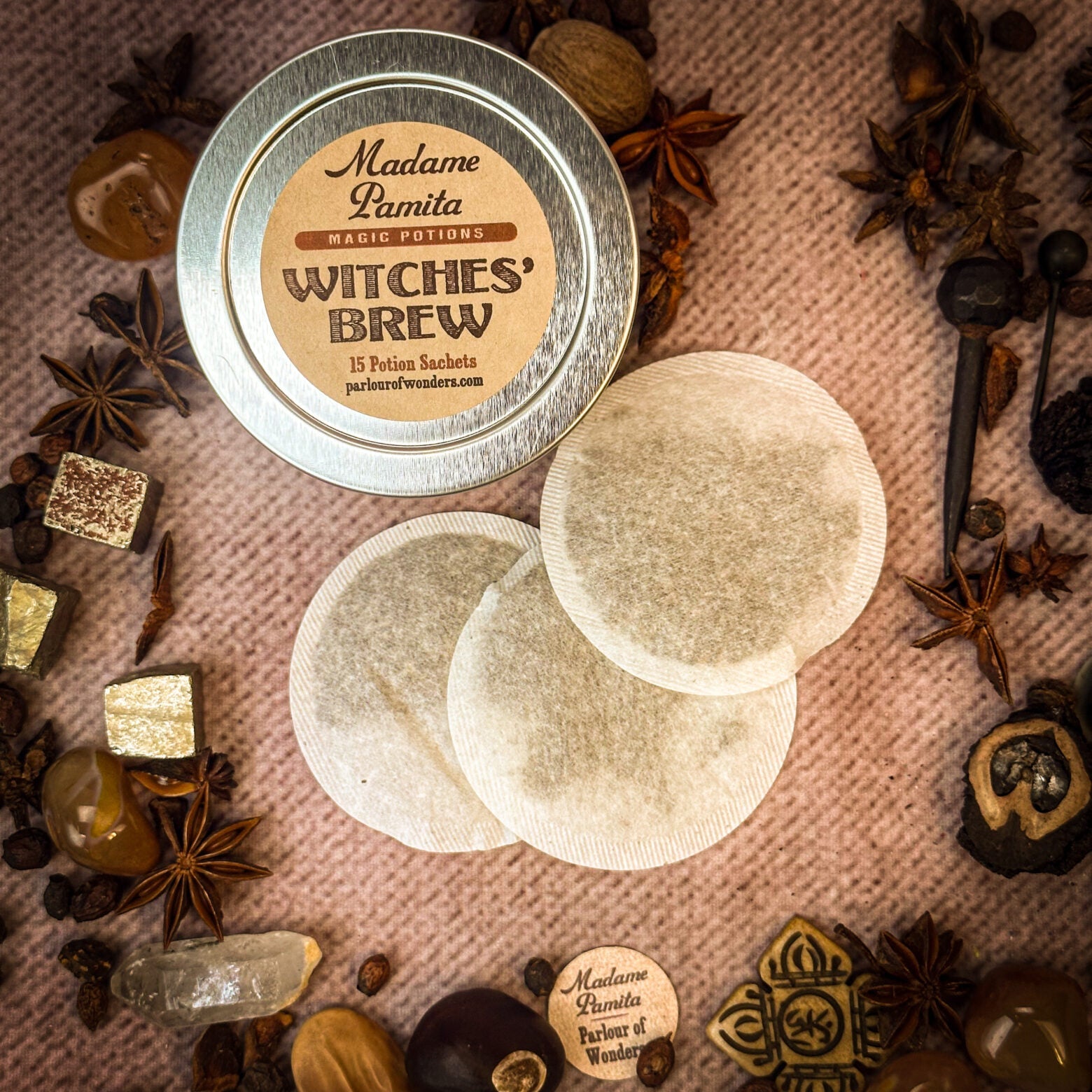 Set of 15 Witches Brew Potion Spell Kit sachets by Parlour of Wonders with colorful ingredients for magical brewing.
