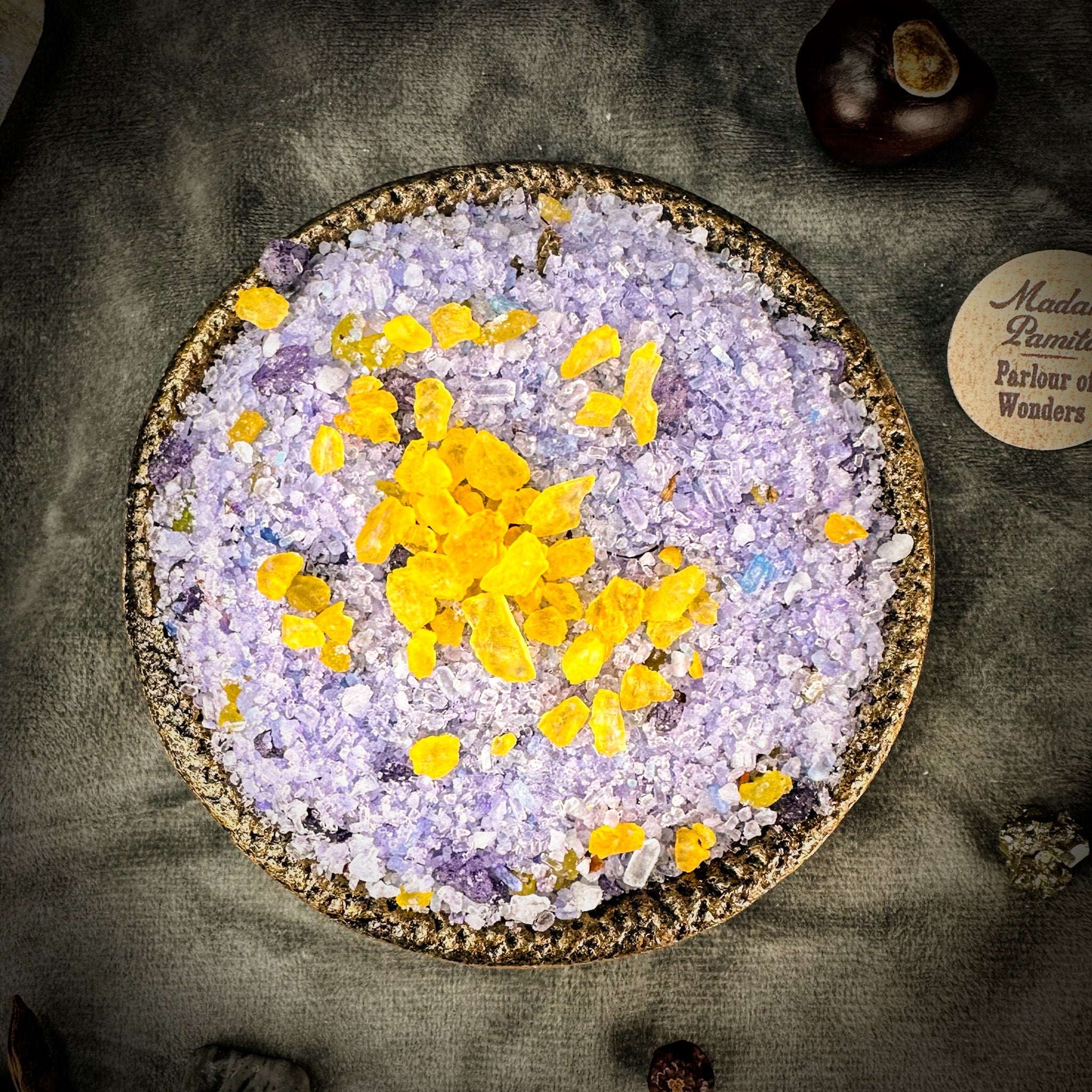 Small jar of Parlour of Wonders Absolute Power Bath Crystals with colorful crystals in a clear container.