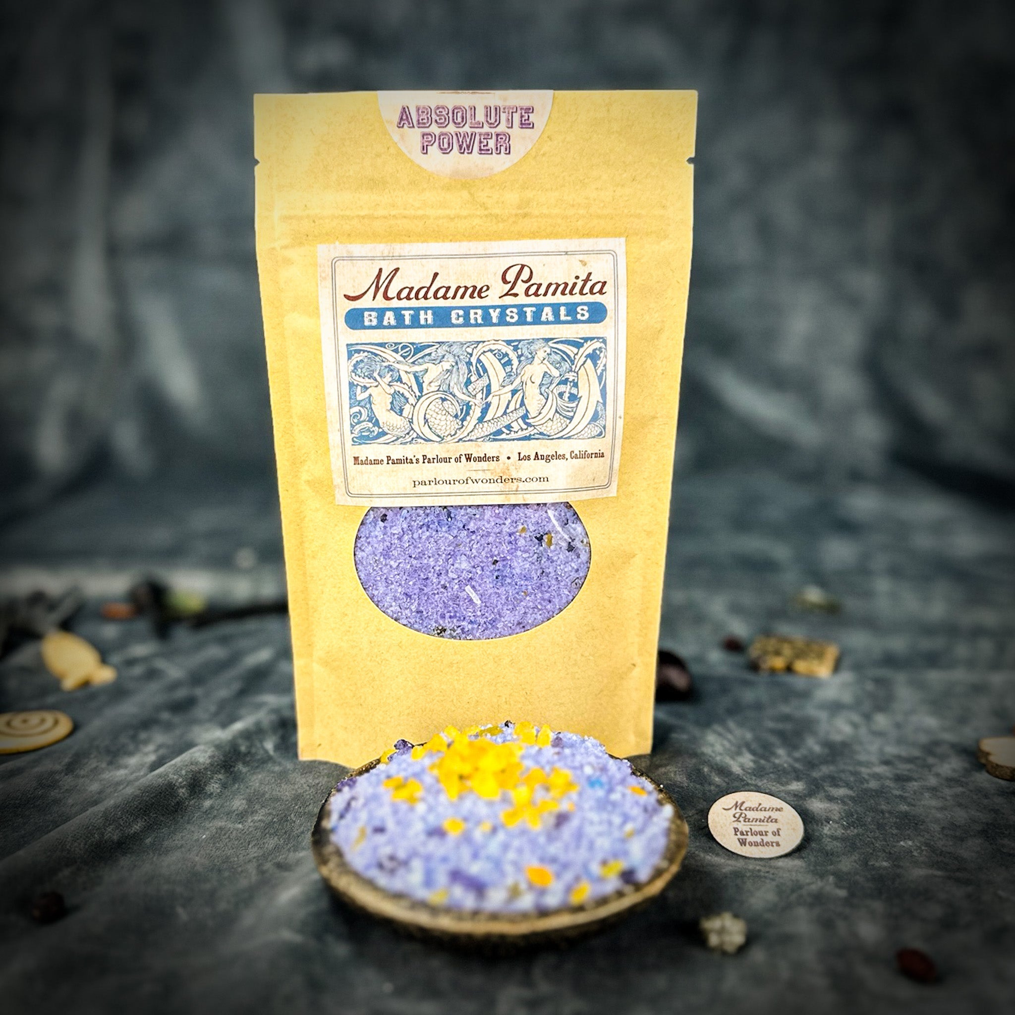 Small jar of Parlour of Wonders Absolute Power Bath Crystals with lavender and herbal ingredients, ideal for relaxing bath sessions.