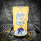 Parlour of Wonders Shut Your Mouth Bath Crystals in a jar, lavender and herbal bath crystals for relaxing baths, close-up view.