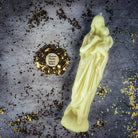 Blue beeswax Mother Mary spell candle by Parlour of Wonders, featuring detailed design for divine protection and unconditional love magic.