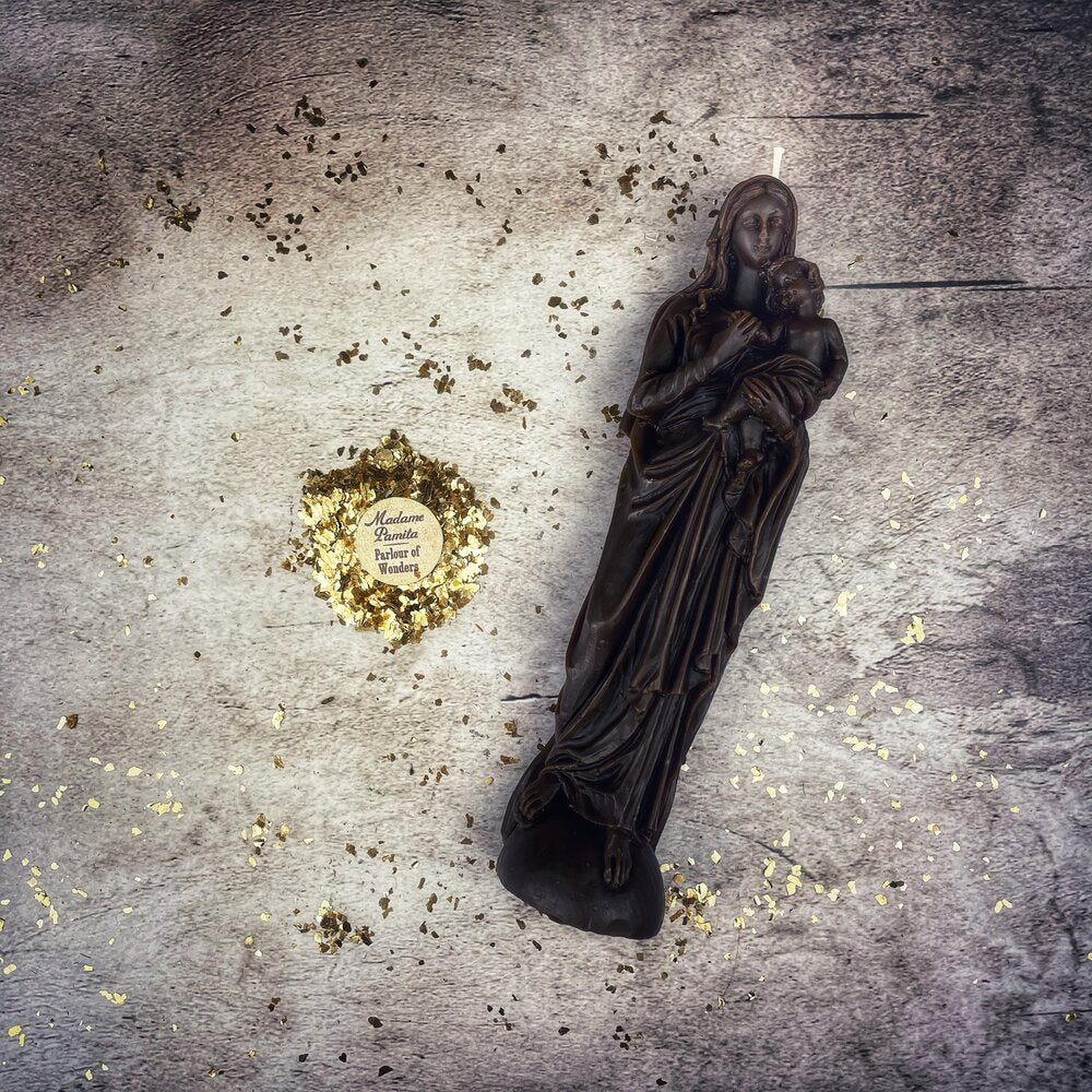 Blue beeswax Mother Mary spell candle by Parlour of Wonders, featuring detailed imagery for divine protection and love magic.