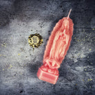 Blue beeswax candle featuring Nuestra Señora de Guadalupe image, used for divine blessings and miracles, by Parlour of Wonders.