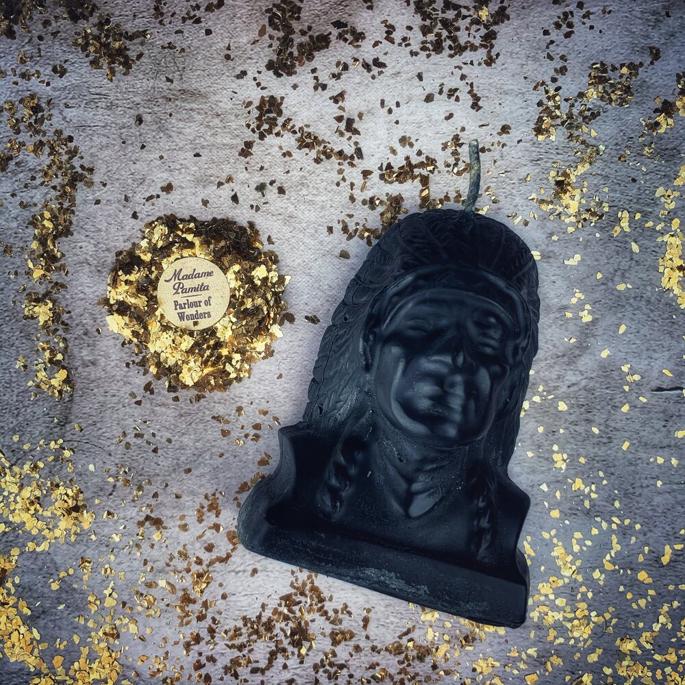 Beeswax Black Hawk Spell Candle by Parlour of Wonders, featuring a brown beeswax candle for spirit guidance and social justice magic.