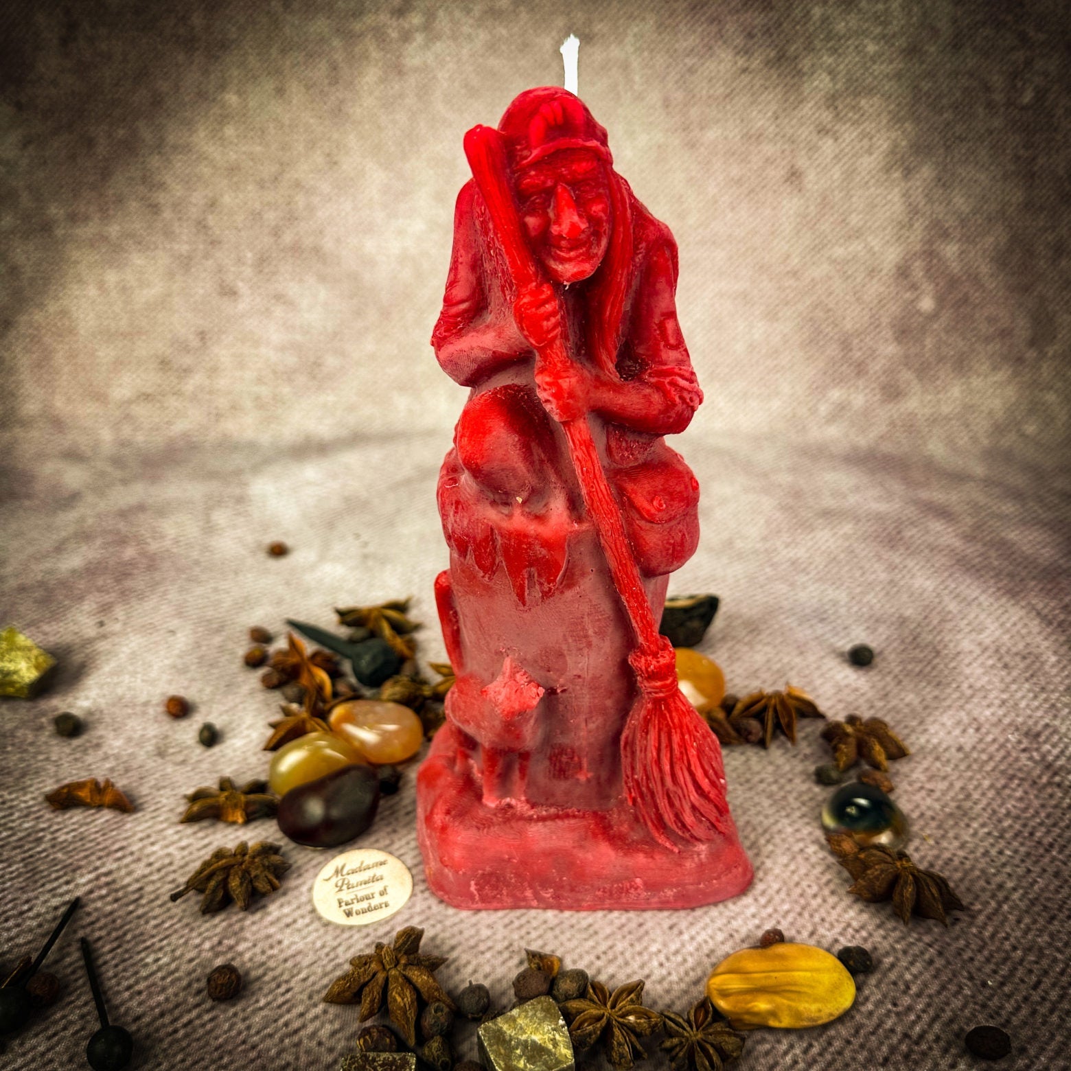 Beeswax Baba Yaga spell candle by Parlour of Wonders, featuring brown grounding beeswax with mystical symbols for wisdom and protection.