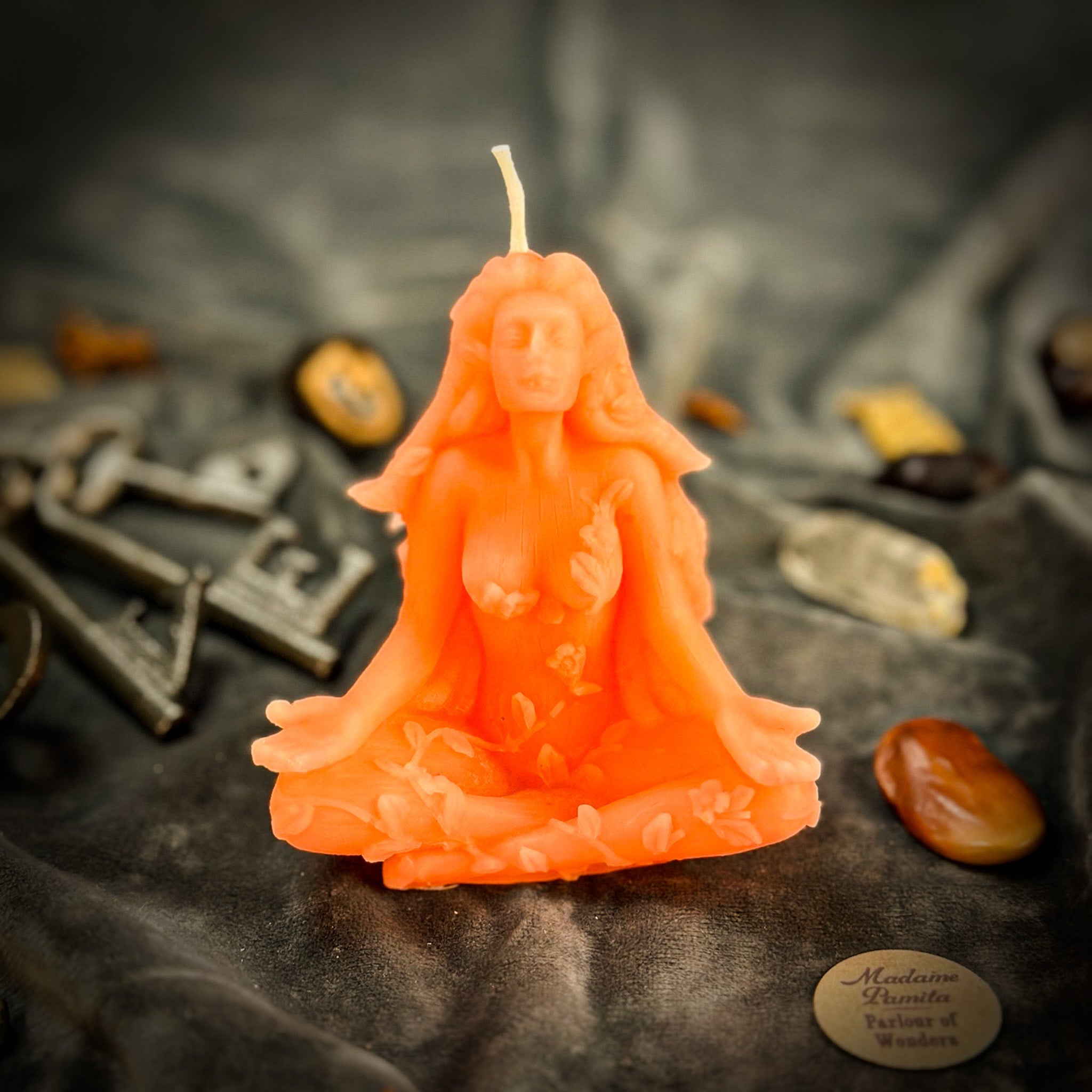 Green beeswax forest fairy spell candle by Parlour of Wonders, featuring nature spirits and enchanting, peaceful forest imagery.