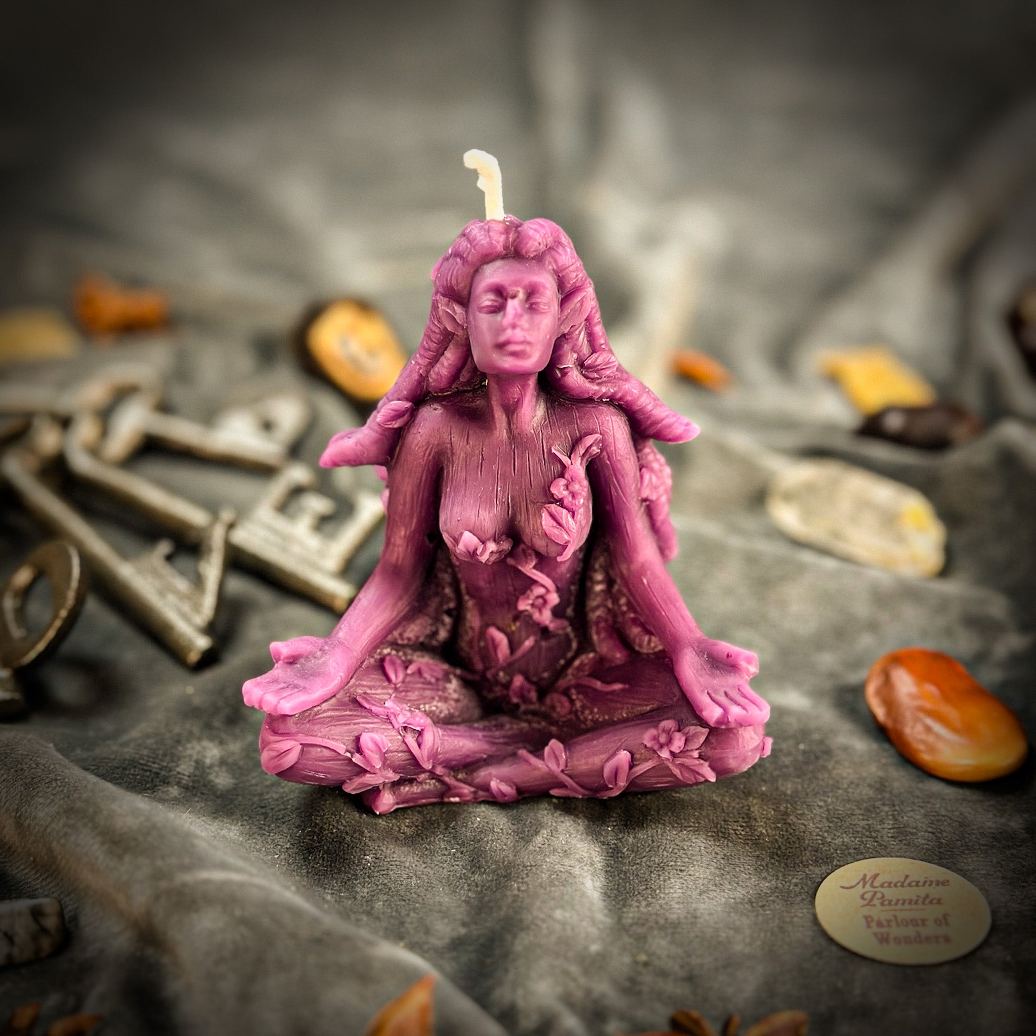 Green beeswax forest fairy spell candle by Parlour of Wonders with nature spirits and enchanting, peaceful forest-inspired design.