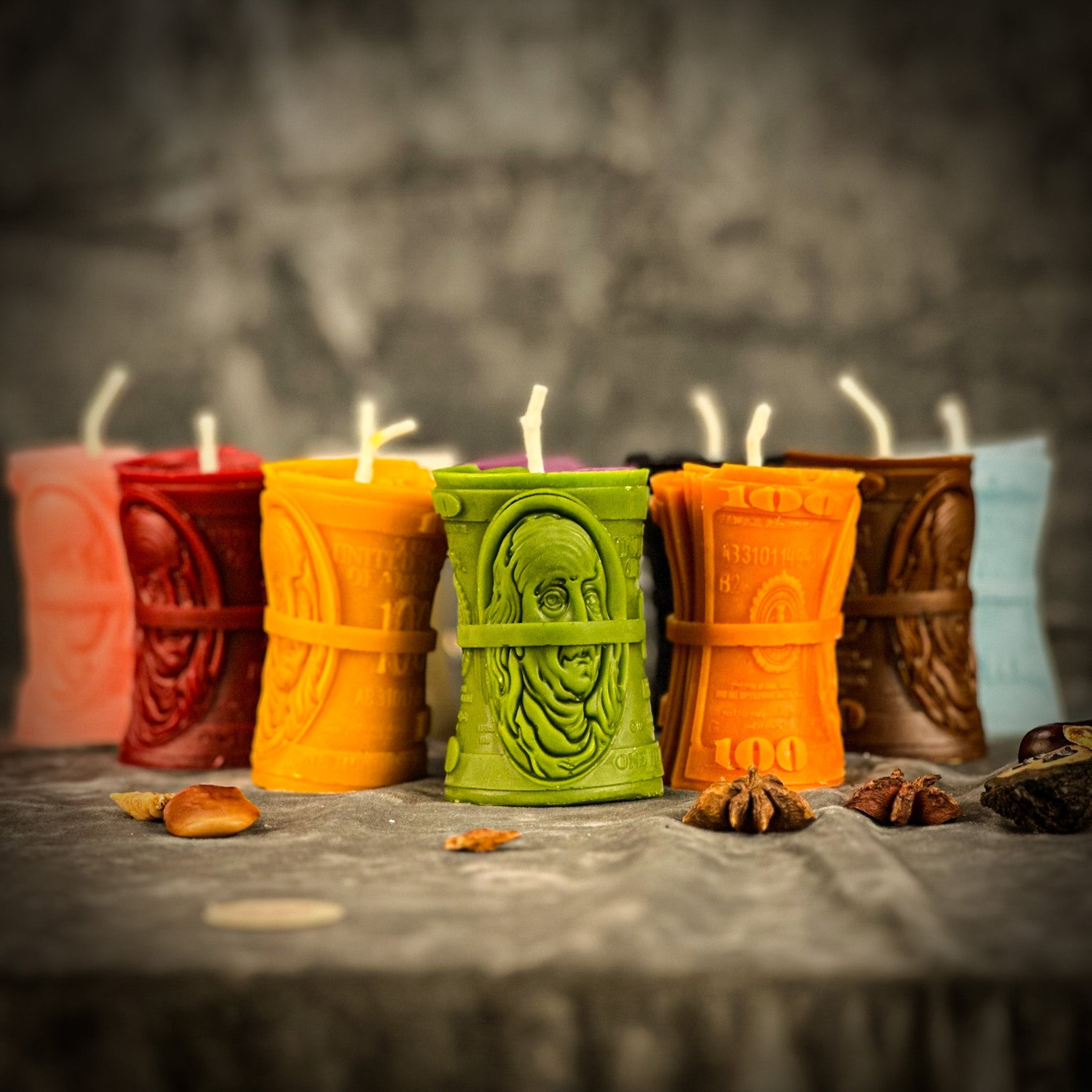 Green beeswax candle from Parlour of Wonders for debt collection and fair compensation, featuring natural beeswax appearance.