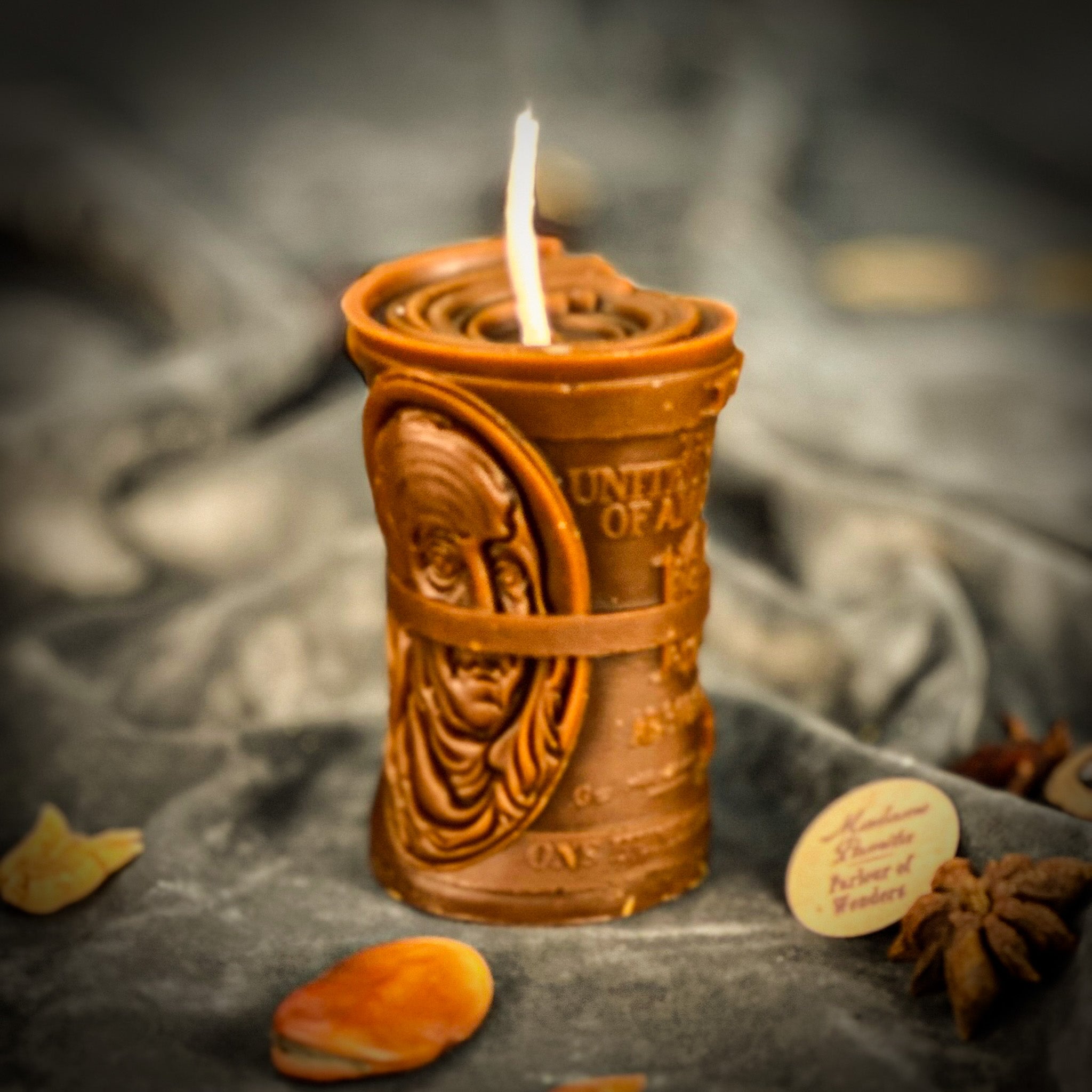 Green beeswax candle by Parlour of Wonders for debt collection and fair compensation, featuring a natural beeswax appearance.