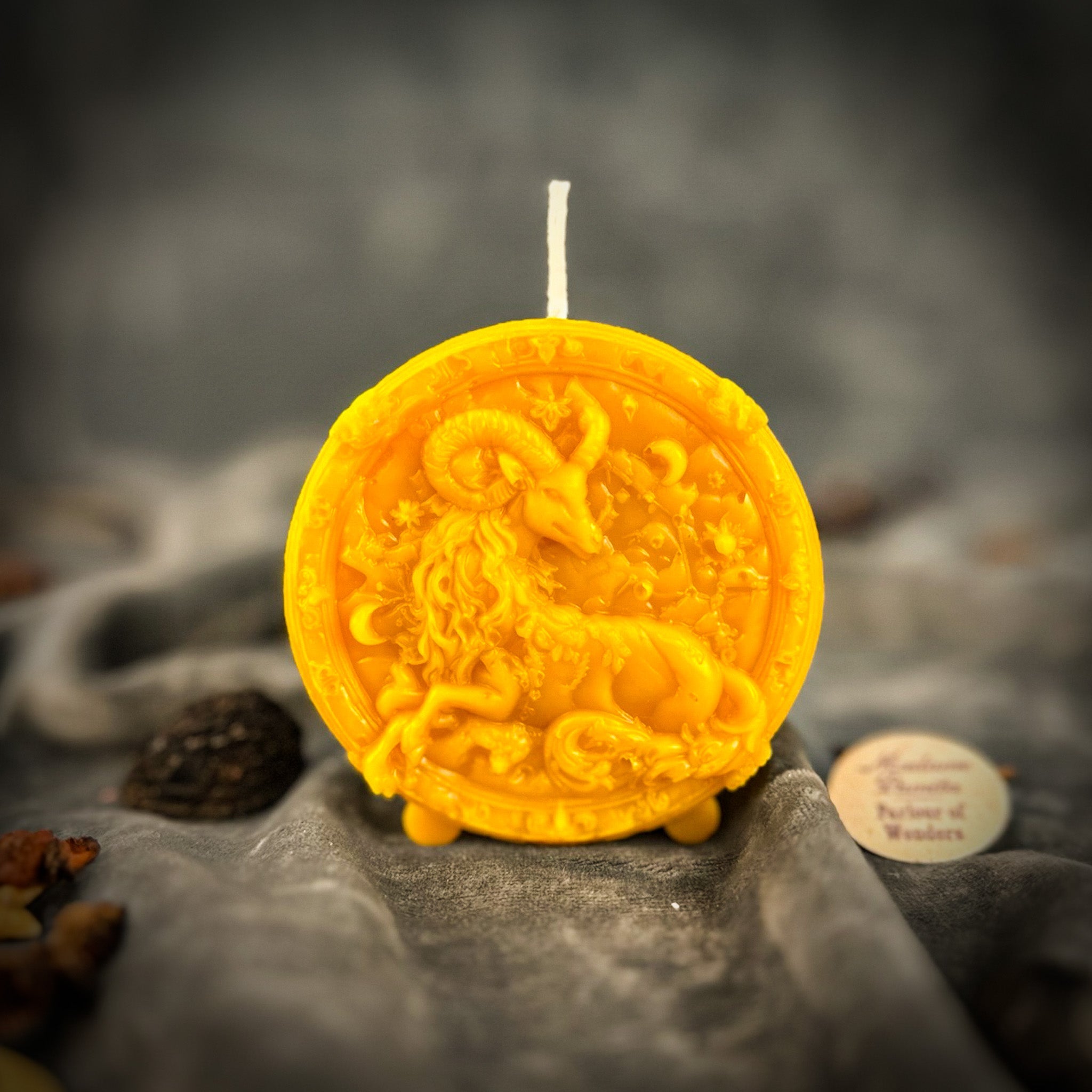 Green beeswax Capricorn zodiac spell candle by Parlour of Wonders, featuring a goat design symbolizing ambition, discipline, and success.