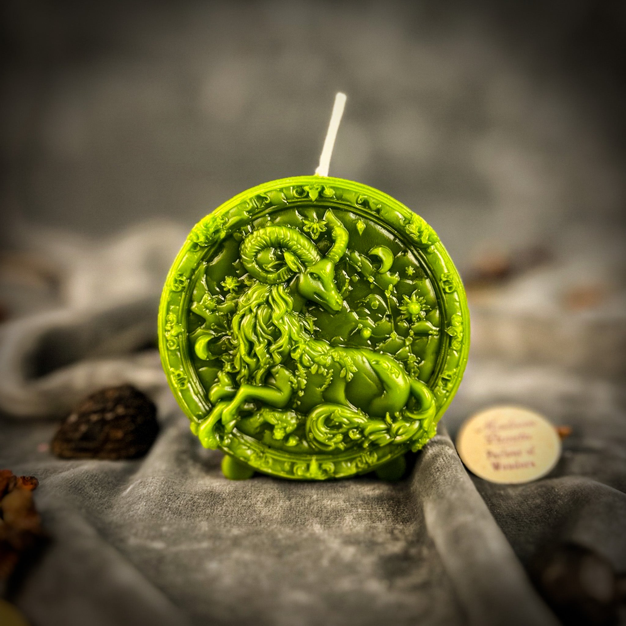 Green beeswax Capricorn goat zodiac spell candle by Parlour of Wonders, symbolizing ambition, discipline, and success.