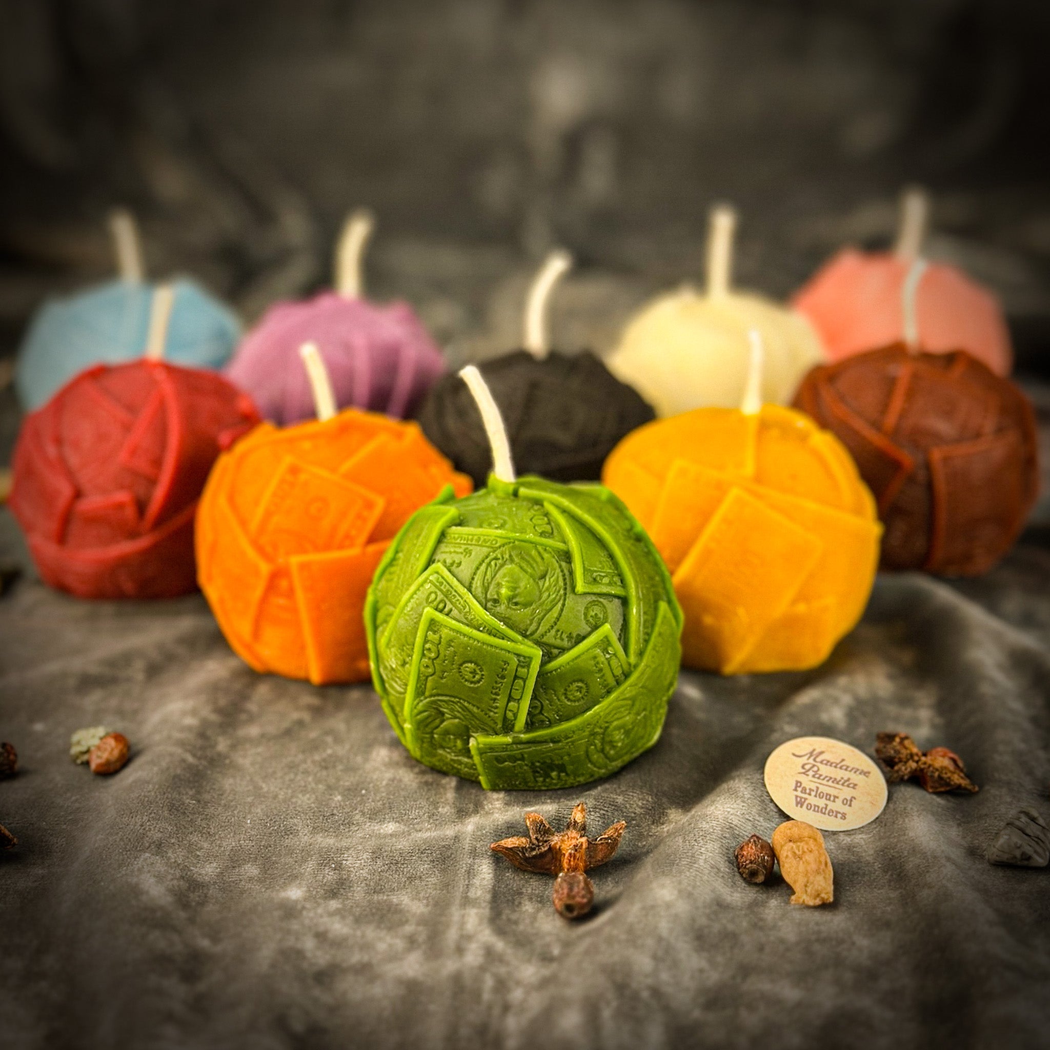 Green beeswax candle with rolling dough design by Parlour of Wonders, symbolizing luxury, wealth, and abundance.