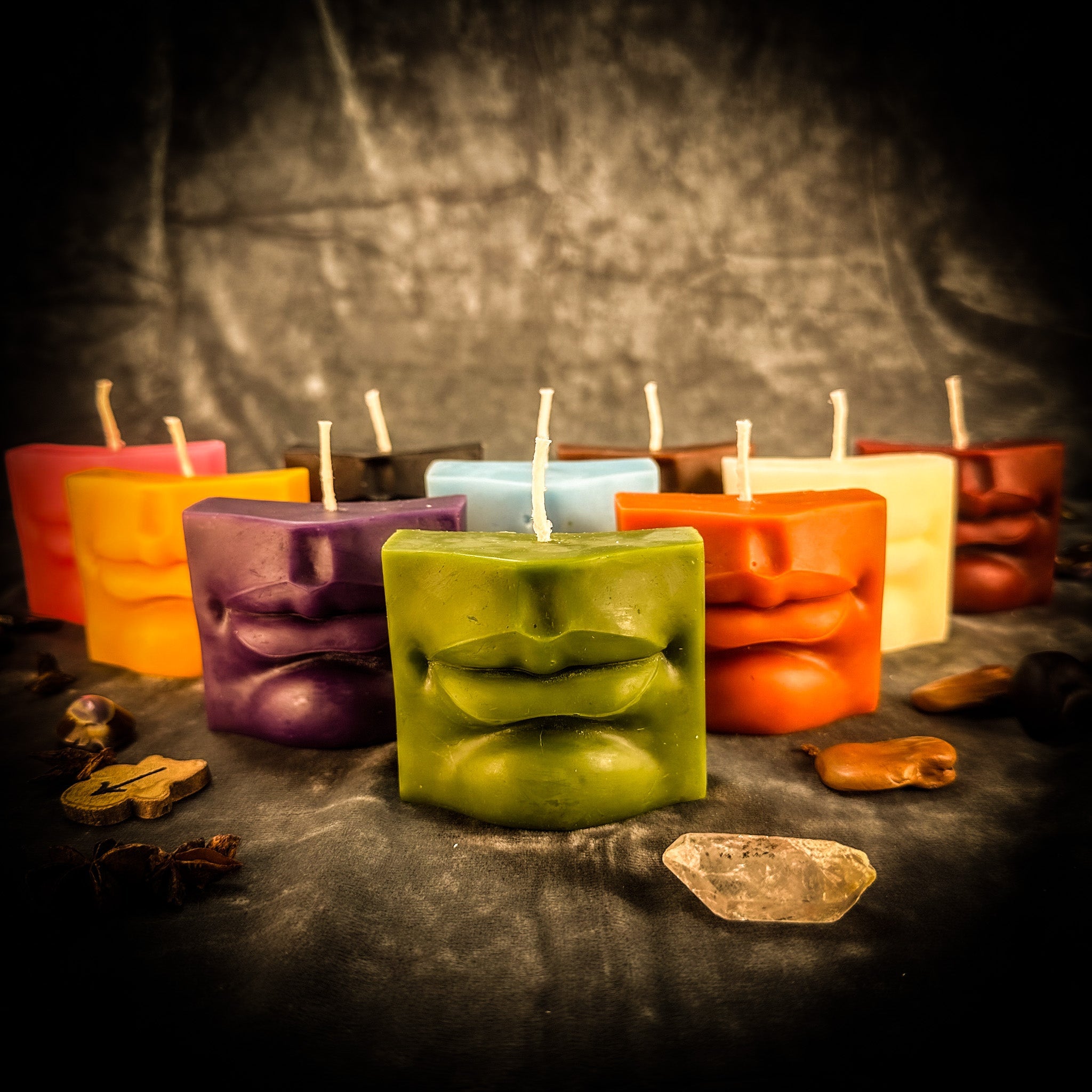 Orange beeswax candle from Parlour of Wonders with Mouth Spell for communication, healing, and speaking truth.