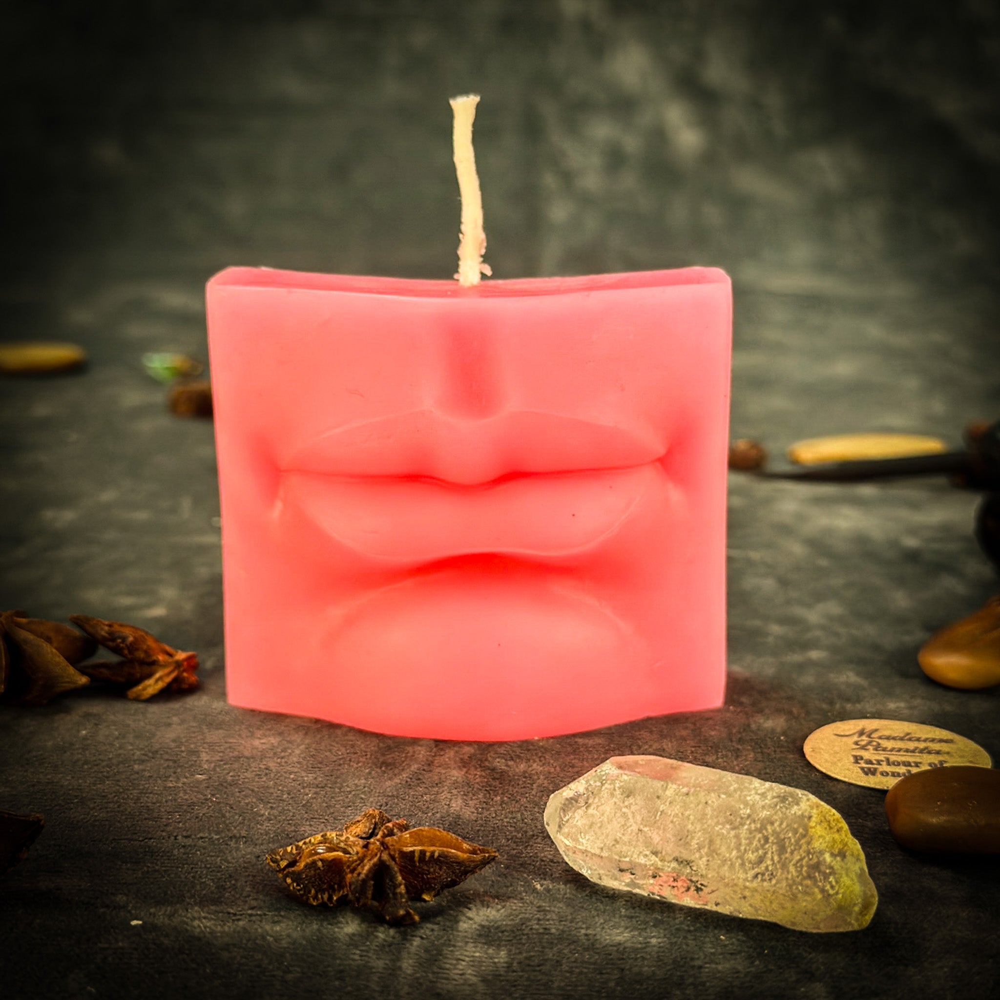Beeswax Ex-Voto Mouth Spell Candle by Parlour of Wonders, orange beeswax candle for communication, healing, and speaking truth.