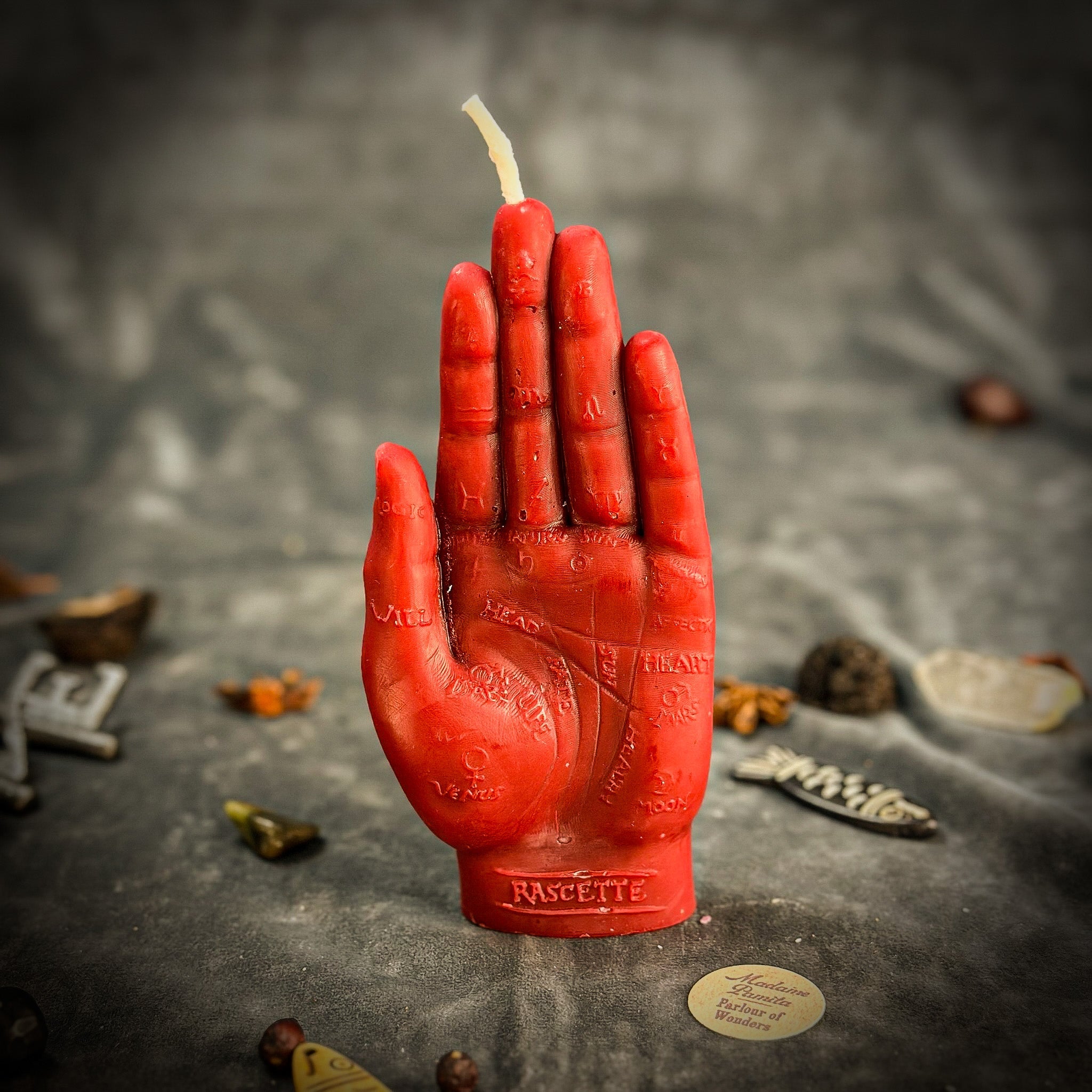 Beeswax Hand of Fate Spell Candle by Parlour of Wonders with orange wax for destiny, transformation, and divine timing.
